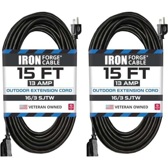 2 Pack Outdoor Extension Cord 15 ft, 16/3 SJTW Heavy Duty Black Extension Cord - Picture 1 of 7